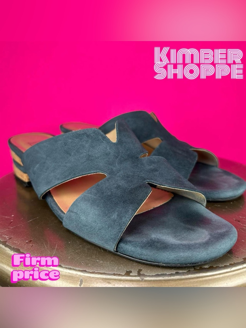 Jildor Blue Suede Cork Heel Open Toe Slip-On Sandal US 9